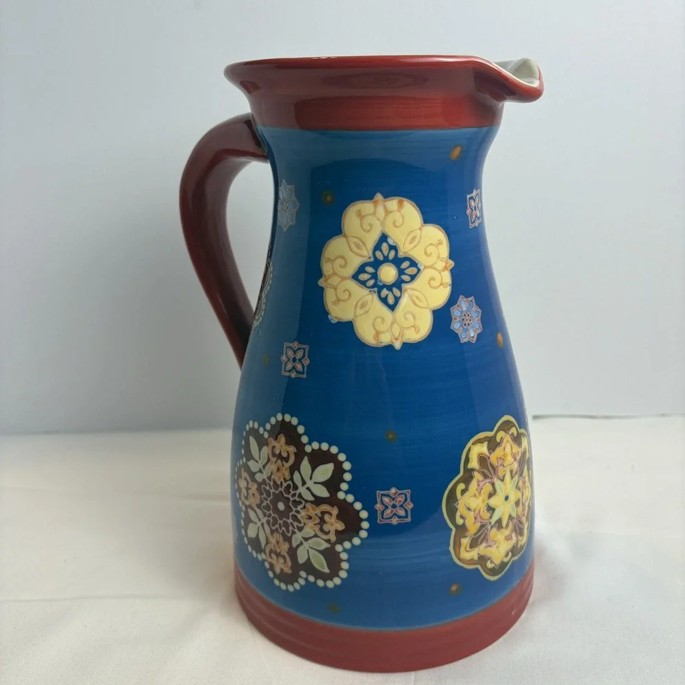 Dutch Wax Coastline Imports Floral Ceramic Pitcher Hand Painted Boho 9.5”